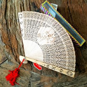 Vintage Japanese Wooden Folding Hand Fan Sandalwood Two Birds 8” W/Box